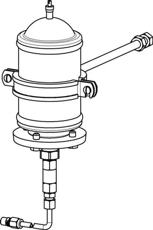 Zeichnung eines Ausdehnungsgefäßes von IMI Hydronic Engineering mit zylindrischer Form, Anschluss Rohrleitungen und Befestigungselementen.